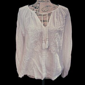 FAHERTY Cotton Gauze Blossom Embroidered Tassels 3/4 Sleeves Peasant Top